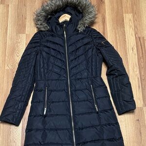 MICHAEL Michael Kors Navy Puffer Coat with Faux Fur Hood